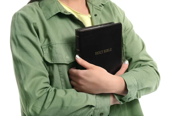 Mujer Joven Con Biblia Sobre Fondo Blanco Primer Plano —  Fotos de Stock