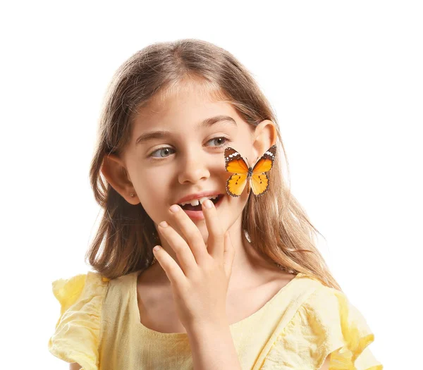 Carino Bambina Con Farfalla Sfondo Bianco — Foto Stock