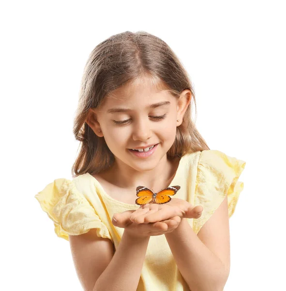 Cute Little Girl Butterfly White Background — Stock Photo, Image