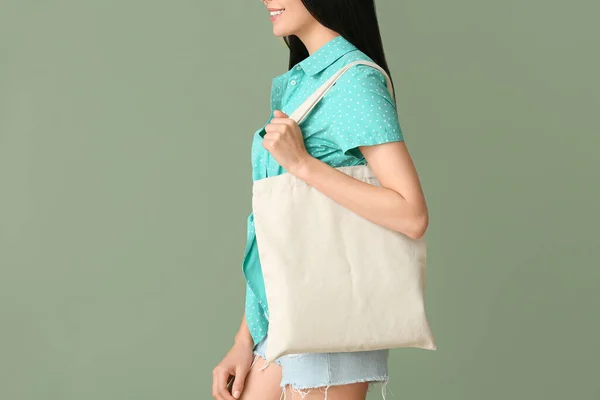 Young Woman Eco Bag Color Background — Stock Photo, Image
