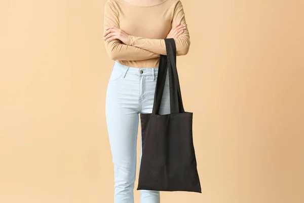 Young Woman Eco Bag Color Background — Stock Photo, Image