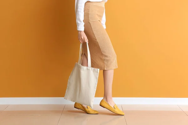 Young Woman Eco Bag Color Wall — Stock Photo, Image