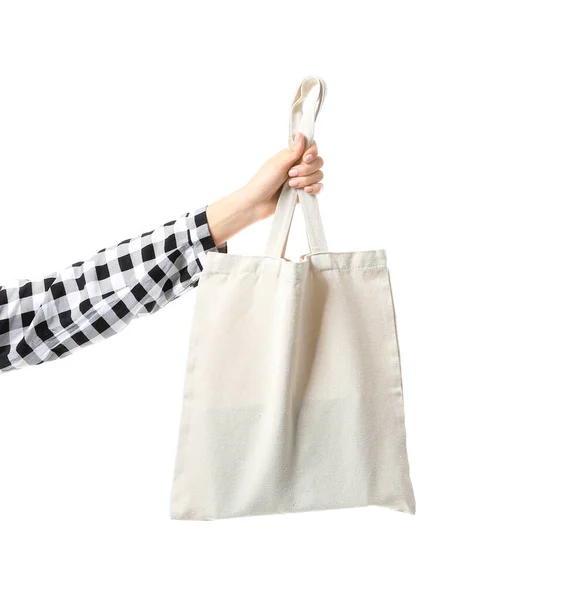 Weibliche Hand Mit Öko Tasche Auf Weißem Hintergrund — Stockfoto