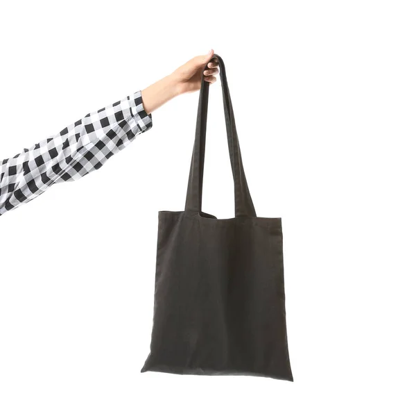 Kvinna Hand Med Eco Väska Vit Bakgrund — Stockfoto