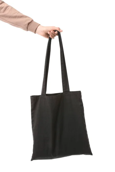 Mano Femminile Con Eco Bag Sfondo Bianco — Foto Stock