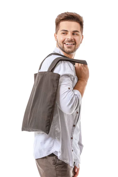 Young Man Eco Bag White Background — Stock Photo, Image