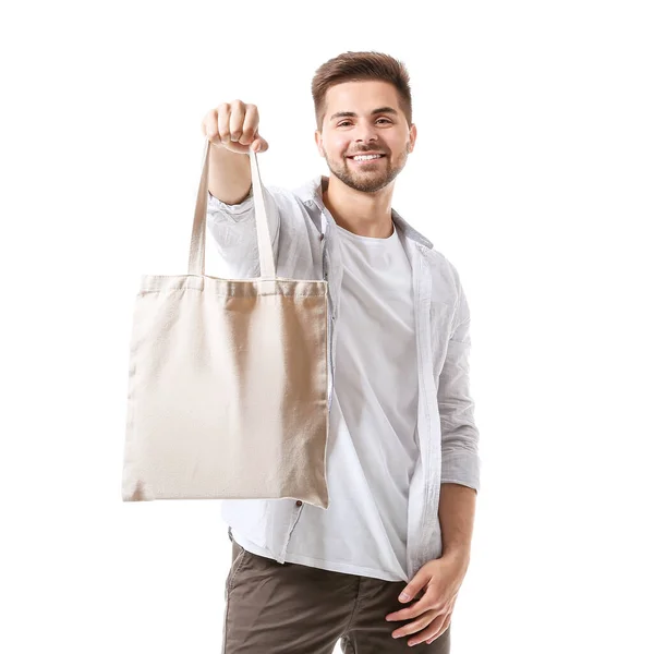 Junger Mann Mit Öko Tasche Auf Weißem Hintergrund — Stockfoto