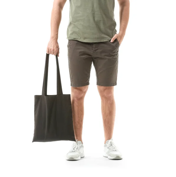 Young Man Eco Bag White Background — Stock Photo, Image