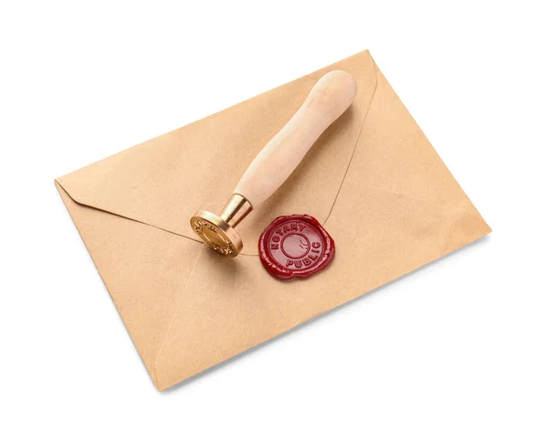Envelope Com Selo Cera Notário Público Sobre Fundo Branco — Fotografia de Stock