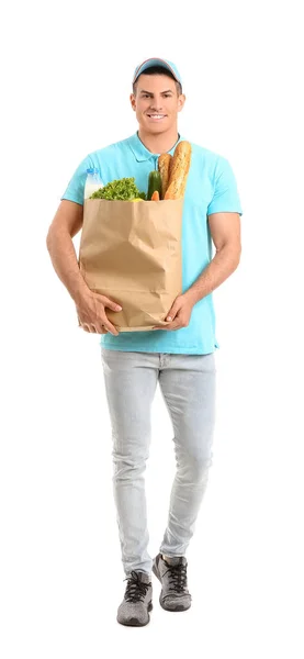 Entrega Hombre Con Comida Bolsa Sobre Fondo Blanco —  Fotos de Stock