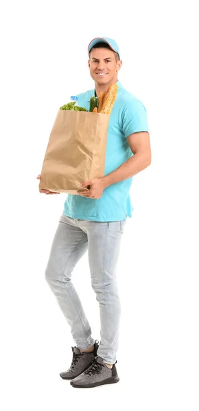 Entrega Homem Com Comida Saco Fundo Branco — Fotografia de Stock