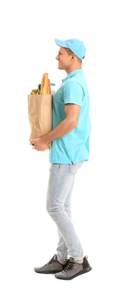 配達人と食べ物で袋に白い背景 — ストック写真