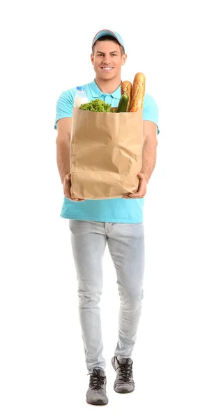 Beyaz Arka Planda Yiyecek Dolu Bir Teslimatçı — Stok fotoğraf