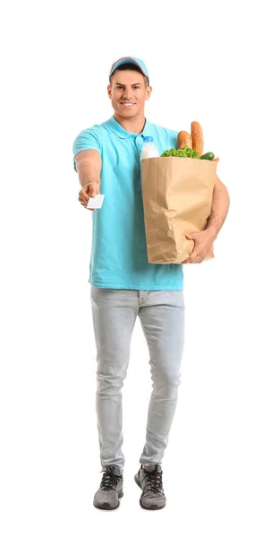 Entrega Hombre Con Comida Bolsa Tarjeta Visita Sobre Fondo Blanco —  Fotos de Stock