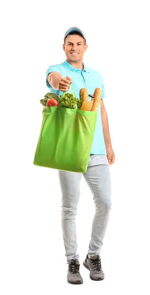 Entrega Homem Com Comida Saco Fundo Branco — Fotografia de Stock