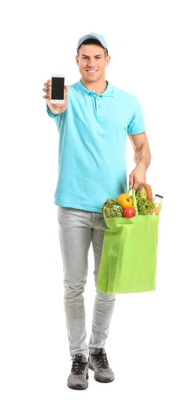 Delivery Man Food Bag Mobile Phone White Background — Stock Photo, Image