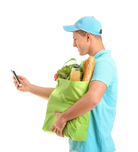 Delivery Man Food Bag Mobile Phone White Background — Stock Photo, Image