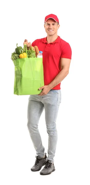 Entrega Hombre Con Comida Bolsa Sobre Fondo Blanco —  Fotos de Stock