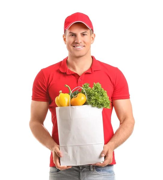 Entrega Hombre Con Comida Bolsa Sobre Fondo Blanco —  Fotos de Stock