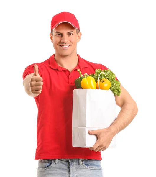 Entrega Hombre Con Comida Bolsa Mostrando Gesto Pulgar Hacia Arriba —  Fotos de Stock