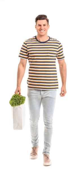 Young Man Holding Bag Food White Background — Stock Photo, Image