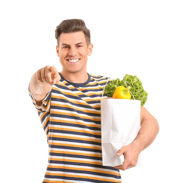 Young Man Food Bag Pointing Viewer White Background — Stock Photo, Image