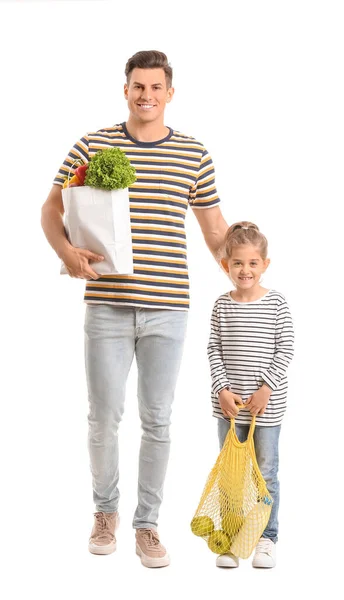 Padre Hija Con Comida Bolsas Sobre Fondo Blanco —  Fotos de Stock