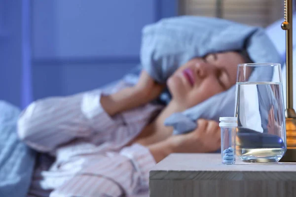 Sleeping Pills Table Bedroom Young Woman — Stock Photo, Image