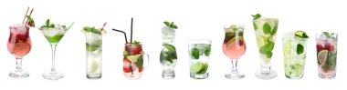 Beyaz arka planda farklı taze mojito kokteylleri.