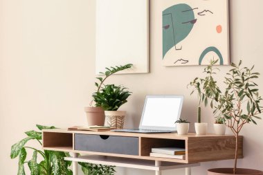 Modern dizüstü bilgisayarlı rahat bir iş yeri ve ışık duvarının yanında bitkiler.