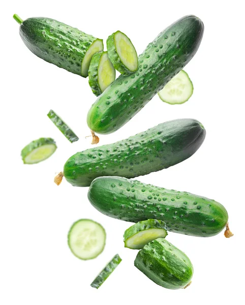 Flying Green Cucumbers White Background — Stock Photo, Image