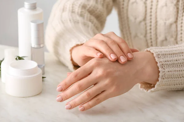 Woman Applying Natural Cream Her Hands Closeup — Stock Photo, Image