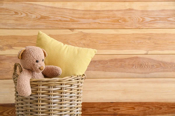 Basket Pillow Toy Wooden Wall — Stock Photo, Image