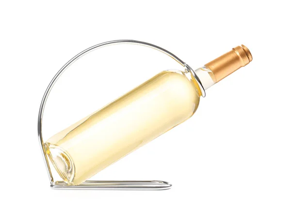 Beyaz Arka Planda Şarap Şişesi Olan Tutucu — Stok fotoğraf