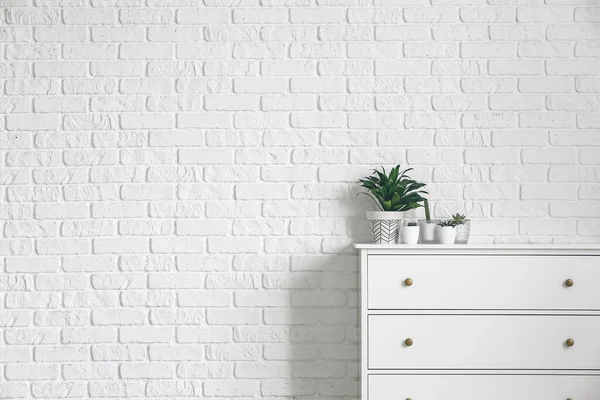 Green Houseplants Chest Drawers White Brick Wall — Stock Photo, Image