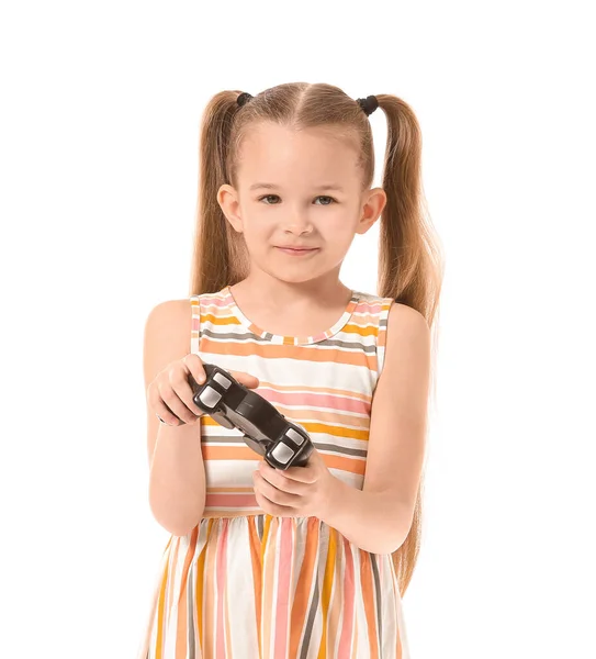 Nettes Kleines Mädchen Mit Spielunterlage Auf Weißem Hintergrund — Stockfoto