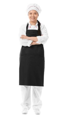 Beyaz arka planda güzel bir Asyalı şef