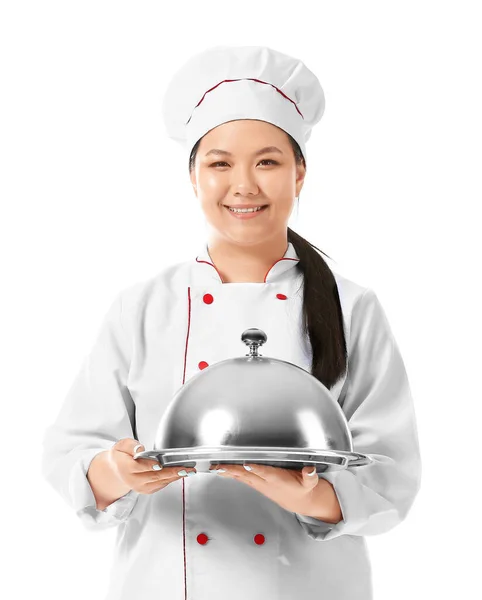 Magnifique Chef Asiatique Avec Plateau Sur Fond Blanc — Photo