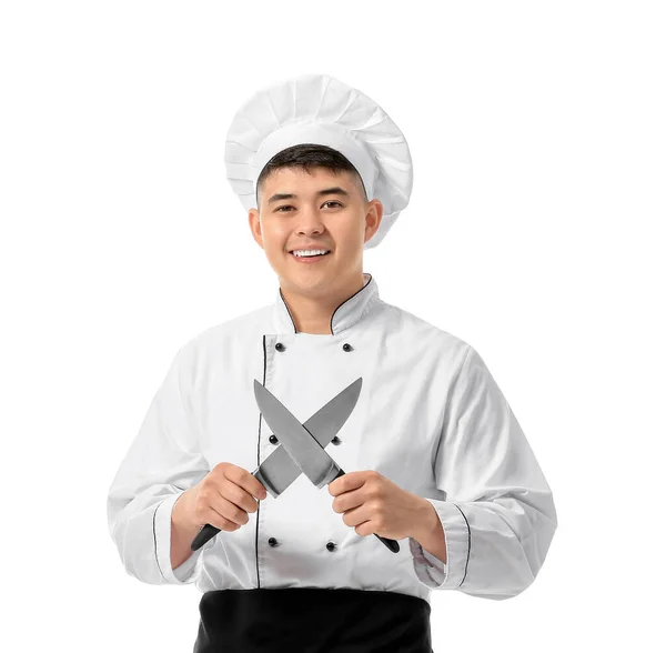 Bello Chef Asiatico Con Coltelli Sfondo Bianco — Foto Stock