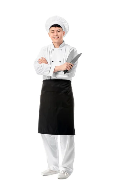 Beau Chef Asiatique Avec Des Couteaux Sur Fond Blanc — Photo