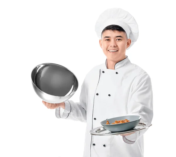 Bello Chef Asiatico Con Piatto Sfondo Bianco — Foto Stock