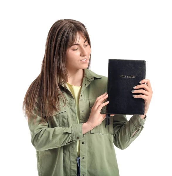 Mujer Joven Con Biblia Sobre Fondo Blanco —  Fotos de Stock