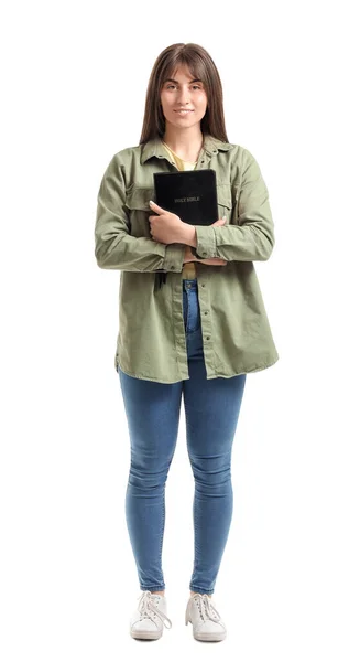 Молодая Женщина Библией Белом Фоне — стоковое фото