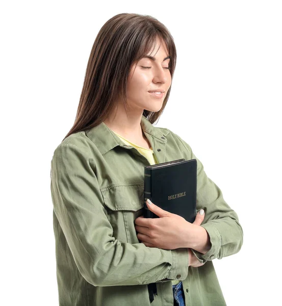 Ung Kvinna Med Bibeln Vit Bakgrund — Stockfoto