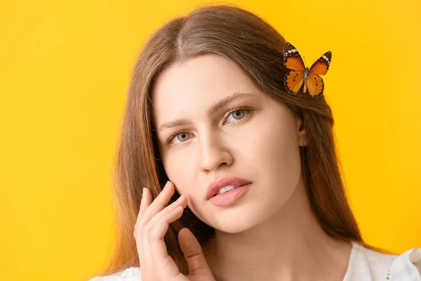 Beautiful Young Woman Butterfly Color Background — Stock Photo, Image