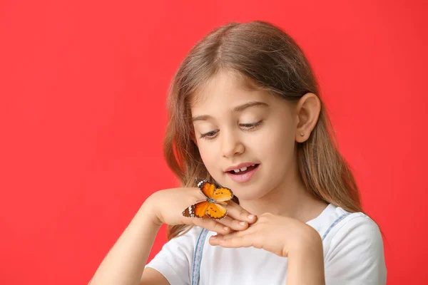 Cute Little Girl Butterfly Color Background — Stock Photo, Image