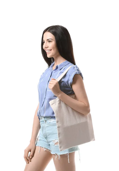 Jonge Vrouw Met Eco Tas Witte Achtergrond — Stockfoto