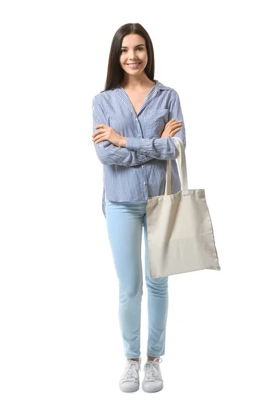 Young Woman Eco Bag White Background — Stock Photo, Image