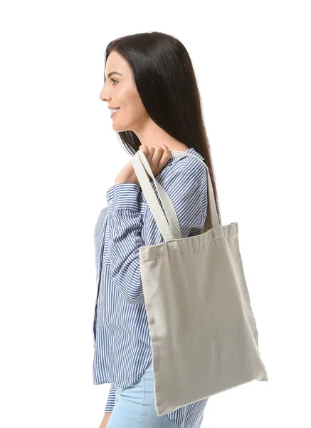 Ung Kvinna Med Eco Väska Vit Bakgrund — Stockfoto