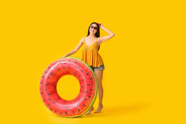 Young Woman Inflatable Ring Color Background — Stock Photo, Image